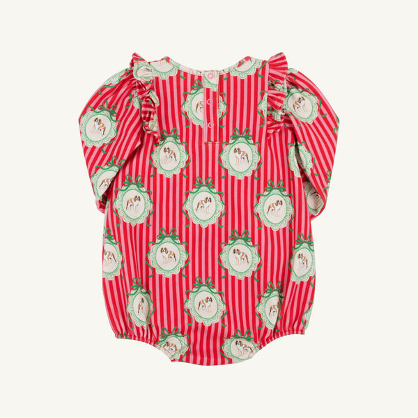 Long Sleeve Dorcie Day Bubble - Distinguished Doggies featuring red and white vertical stripes, scalloped green frames, and ruffled shoulders.