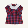 The Beaufort Bonnet Company Long Sleeve Frenchy Frock in Bucktown Tartan with Worth Avenue White, a children’s holiday dress featuring red and blue plaid, gathered sleeves, and a large white scalloped collar, laid flat on a white background.