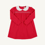 Long Sleeve Smocked Holly Day Dress in Richmond Red with Worth Avenue White, a red long-sleeve Christmas dress featuring a white scalloped collar and smocked detailing on the chest.