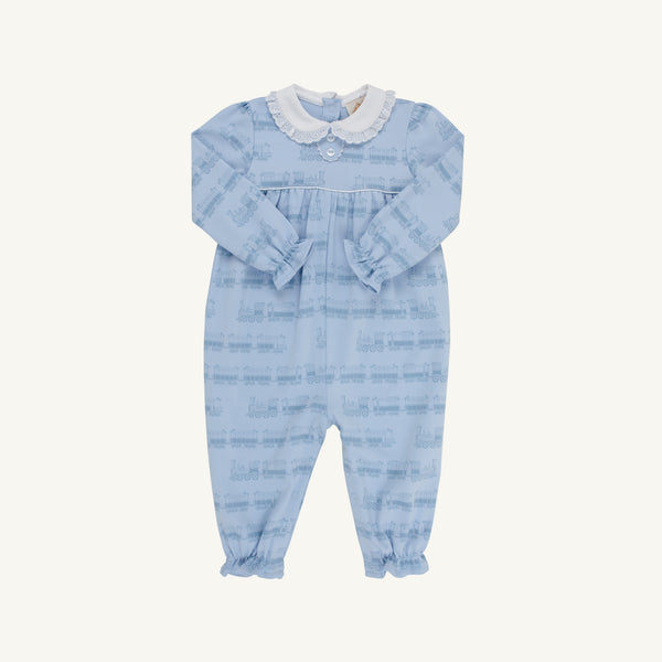 Introducing the Long Sleeve Mary Dal Romper - Blue Choo Choos by The Beaufort Bonnet Company. This light blue long sleeve romper is made from soft Pima cotton and showcases a delicate Blue Choo Choos train print. It features a white scalloped collar, ruffled cuffs, gathered detailing at the chest, and easy snap closures at the back for added convenience.