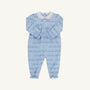 Introducing the Long Sleeve Mary Dal Romper - Blue Choo Choos by The Beaufort Bonnet Company. This light blue long sleeve romper is made from soft Pima cotton and showcases a delicate Blue Choo Choos train print. It features a white scalloped collar, ruffled cuffs, gathered detailing at the chest, and easy snap closures at the back for added convenience.