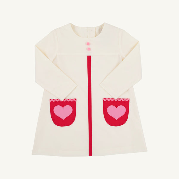 Long Sleeve Peggy Pocket Dress - Palmetto Pearl with Richmond Red & Hamptons Hot Pink Heart Pockets