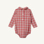 The Beaufort Bonnet Company Long Sleeve Peter Pan Collar Shirt & Onesie in Woodspoint Plaid, with red and green plaid pattern, three white buttons down the front, and a Peter Pan collar, is displayed laid flat on a plain background.