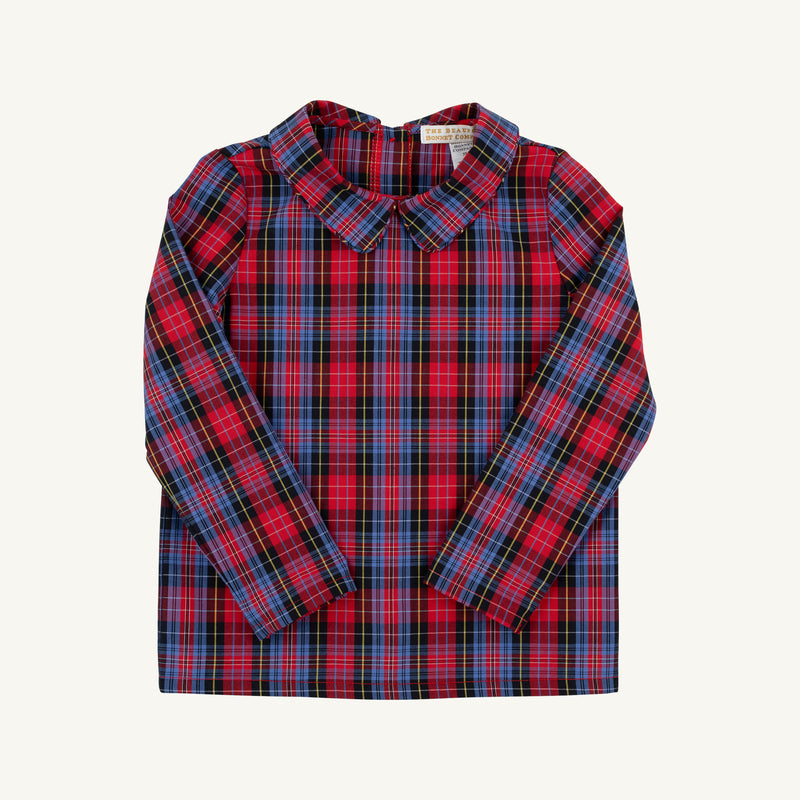 The Beaufort Bonnet Company Long Sleeve Peter Pan Collar Shirt - Bucktown Tartan, featuring a classic red and blue plaid pattern, is displayed flat on a white background. Perfect for a festive holiday outfit for children.