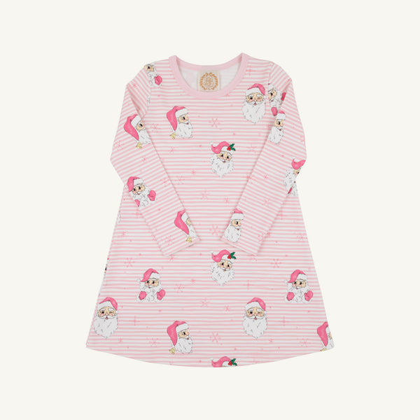 Long Sleeve Polly Play Dress - Dear Santa (Palm Beach Pink Stripe) with Palm Beach Pink, a long-sleeve Pima cotton knit A-line dress featuring a repeating Santa Claus and snowflake print.