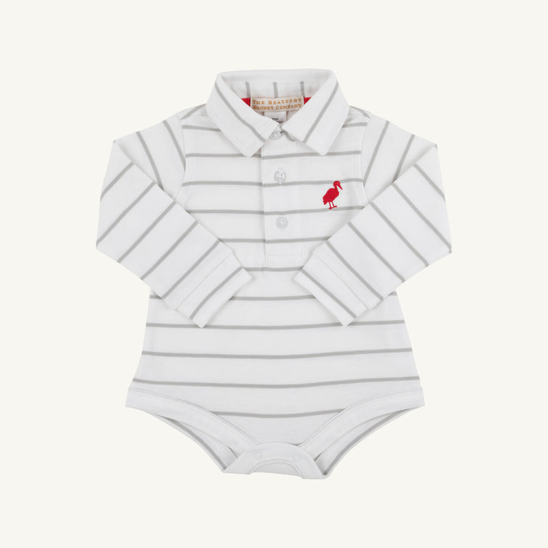 Long Sleeve Prim & Proper Polo & Onesie - Grantley Gray Stripe with Richmond Red Stork infant bodysuit in Pima cotton with a collared polo neck and red stork embroidery on the chest.