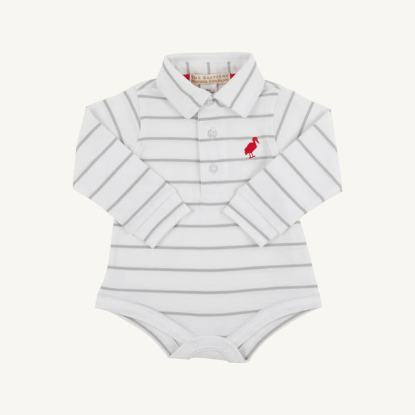 Long Sleeve Prim & Proper Polo & Onesie - Grantley Gray Stripe with Richmond Red Stork infant bodysuit in Pima cotton with a collared polo neck and red stork embroidery on the chest.