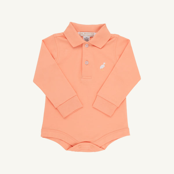 The Beaufort Bonnet Company Long Sleeve Prim & Proper Polo & Onesie in Seashore Sherbet, featuring a collar, two buttons, and a multicolor embroidered stork on the left chest, laid flat on a white background.