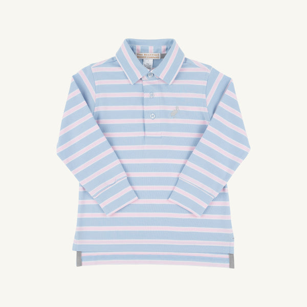 Long Sleeve Prim & Proper Polo & Onesie - Beale Street Blue, Palm Beach Pink, and Worth Avenue White Stripe with Grantley Gray Stork