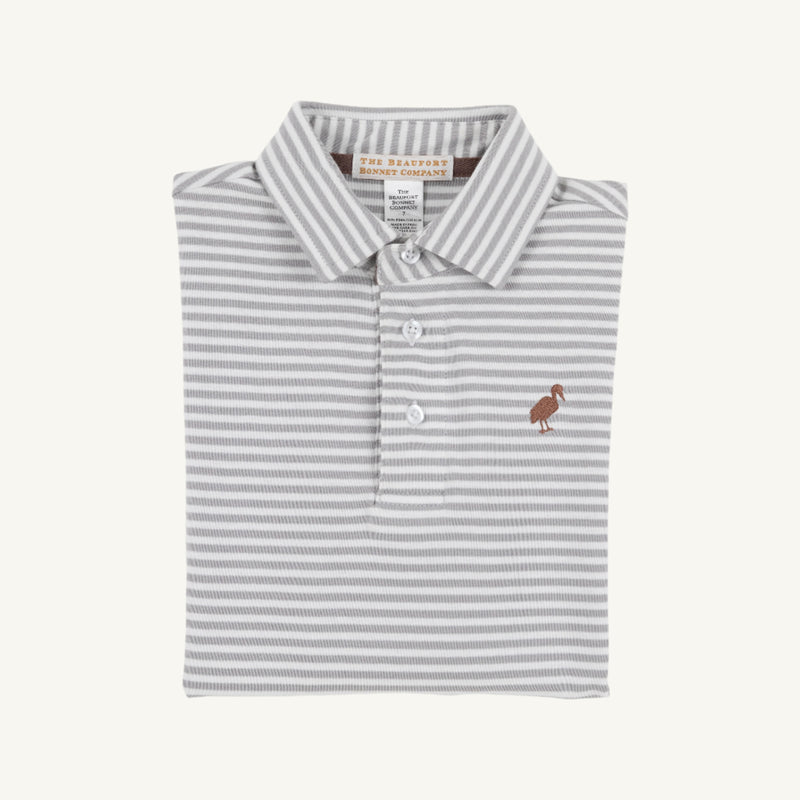 Long Sleeve Prim & Proper Polo & Onesie - Grantley Gray Stripe with Gray Bay Brown Stork