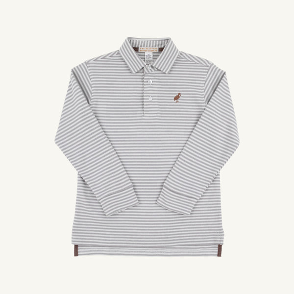 Long Sleeve Prim & Proper Polo & Onesie - Grantley Gray Stripe with Gray Bay Brown Stork