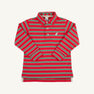 A Long Sleeve Prim & Proper Polo by The Beaufort Bonnet Company, in Richmond Red with Kiawah Kelly Green and Palmetto Pearl stripes, featuring a collar, buttons, and a small white bird logo on the chest, is laid flat on a white background.