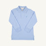 Long Sleeve Prim & Proper Polo by The Beaufort Bonnet Company in Beale Street Blue with a Barrington Blue stork embroidered on the chest, featuring a collar and two buttons, laid flat on a white background.