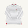 Long Sleeve Prim & Proper Polo & Onesie - Grantley Gray Stripe with Richmond Red Stork featuring horizontal stripes and a small red stork embroidery on the chest.