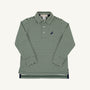 The Beaufort Bonnet Company’s Long Sleeve Prim & Proper Polo & Onesie in Grier Green & Palmetto Pearl Stripe features classic green and white horizontal stripes, a two-button collar, and a small Nantucket Navy stork logo on the left chest. The preppy children’s shirt is displayed laid flat against a neutral background.