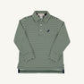 The Beaufort Bonnet Company’s Long Sleeve Prim & Proper Polo & Onesie in Grier Green & Palmetto Pearl Stripe features classic green and white horizontal stripes, a two-button collar, and a small Nantucket Navy stork logo on the left chest. The preppy children’s shirt is displayed laid flat against a neutral background.