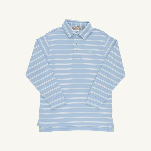Long Sleeve Prim & Proper Polo & Onesie - Sarasota Sky, Old Greenwich Green and Worth Avenue White Stripe