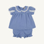The Mary Baker Bloomer Set - Park City Periwinkle with Worth Avenue White is a periwinkle blue Pima cotton knit infant top and bloomer set with white eyelet lace trim on the collar and sleeves.