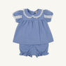 The Mary Baker Bloomer Set - Park City Periwinkle with Worth Avenue White is a periwinkle blue Pima cotton knit infant top and bloomer set with white eyelet lace trim on the collar and sleeves.
