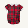 Mary Baker Bubble - Society Prep Plaid with Worth Avenue White baby bubble romper featuring a red plaid pattern, a white scalloped collar and sleeve cuffs, and a button-front closure.