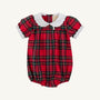 Mary Baker Bubble - Society Prep Plaid with Worth Avenue White bubble romper featuring a white scalloped Peter Pan collar and white cuffs, perfect for Christmas.