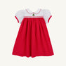 Mary Dal Dress - Richmond Red & Worth Avenue White with Christmas Tree by The Beaufort Bonnet Company: a charming holiday dress for girls featuring short puffed sleeves, a crisp white Peter Pan collar with red trim, and an embroidered green Christmas tree on the chest—perfect for the season.