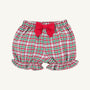 Natalie Knickers - Wicker Park Plaid with Richmond Red by The Beaufort Bonnet Company feature a classic red, green, and white plaid pattern, ruffled leg openings, and a charming red bow at the waistband—perfect for adding festive flair to your little one’s winter wardrobe. Shown against a plain white background.