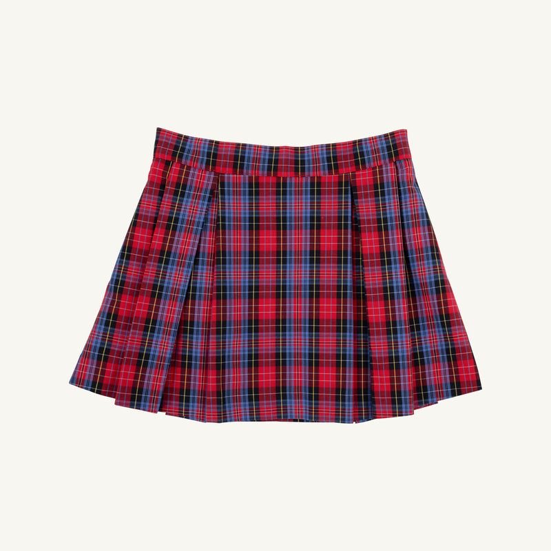 The Parson Pleated Skirt - Bucktown Tartan by The Beaufort Bonnet Company is shown against a plain white background, featuring red tartan with blue and yellow stripes.