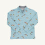 Pendleton’s Popped Collar - Fine Weather For Ducks with Grantley Gray by The Beaufort Bonnet Company is a light blue long-sleeve boys polo shirt featuring a charming duck pattern with light blue foliage. Crafted from soft cotton French terry, it includes a cozy inner lining and a stylish button-up collar, all set against a plain white background.