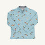 Pendleton’s Popped Collar - Fine Weather For Ducks with Grantley Gray by The Beaufort Bonnet Company is a light blue long-sleeve boys polo shirt featuring a charming duck pattern with light blue foliage. Crafted from soft cotton French terry, it includes a cozy inner lining and a stylish button-up collar, all set against a plain white background.