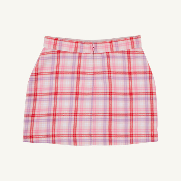 Perrin Skirt - Broadway Play Plaid short skirt in pink, red, and purple with a center back zipper, perfect as a girls’ winter skirt.