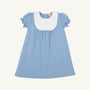 A Pharish Frock in Barrington Blue with Worth Avenue White by The Beaufort Bonnet Company, featuring short sleeves, a white scalloped collar, and gathered fabric below the chest, is displayed on a plain white background.