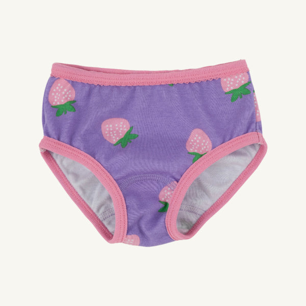 The Beaufort Bonnet Company’s Pippy’s Underpinnings - Sanibel Strawberry (Palisades Purple) girls underwear, adorned with pink strawberry motifs and green leaves, features pink trim on the waistband and leg openings, and is displayed on a plain white background.