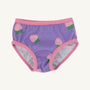 The Beaufort Bonnet Company’s Pippy’s Underpinnings - Sanibel Strawberry (Palisades Purple) girls underwear, adorned with pink strawberry motifs and green leaves, features pink trim on the waistband and leg openings, and is displayed on a plain white background.