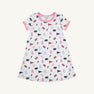 Introducing the Florida Polly Play Dress - Florida Forever with Hamptons Hot Pink by The Beaufort Bonnet Company, a white short-sleeve dress accented with vibrant pink trim. Adorned with a cheerful Florida Forever print featuring lab flasks, flags, donuts, the letter F, and brains arranged in a playful design. Made from soft Pima Cotton Knit for all-day comfort.