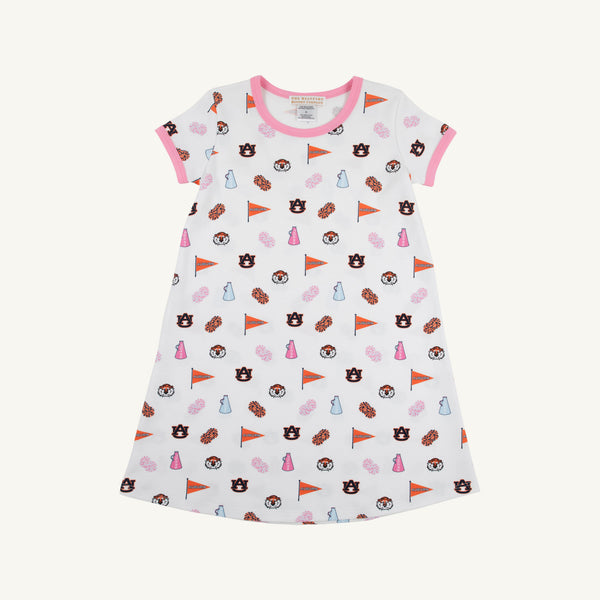 Introducing the Auburn Polly Play Dress - Tiger Thrill with Hamptons Hot Pink by The Beaufort Bonnet Company: a soft Pima cotton, white short-sleeve dress accented with a hot pink collar and cuffs, decorated in an allover pattern of orange, navy, and brown pennants, megaphones, and animal mascots for a playful Tiger-themed look perfect for everyday adventures.