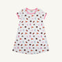 Introducing the Auburn Polly Play Dress - Tiger Thrill with Hamptons Hot Pink by The Beaufort Bonnet Company: a soft Pima cotton, white short-sleeve dress accented with a hot pink collar and cuffs, decorated in an allover pattern of orange, navy, and brown pennants, megaphones, and animal mascots for a playful Tiger-themed look perfect for everyday adventures.