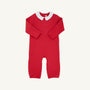 Potter’s Playsuit - Quilted Richmond Red with Worth Avenue White is a red quilted baby romper with a white Peter Pan collar, snap-button leg closures, and long sleeves; a perfect preppy Christmas baby outfit.