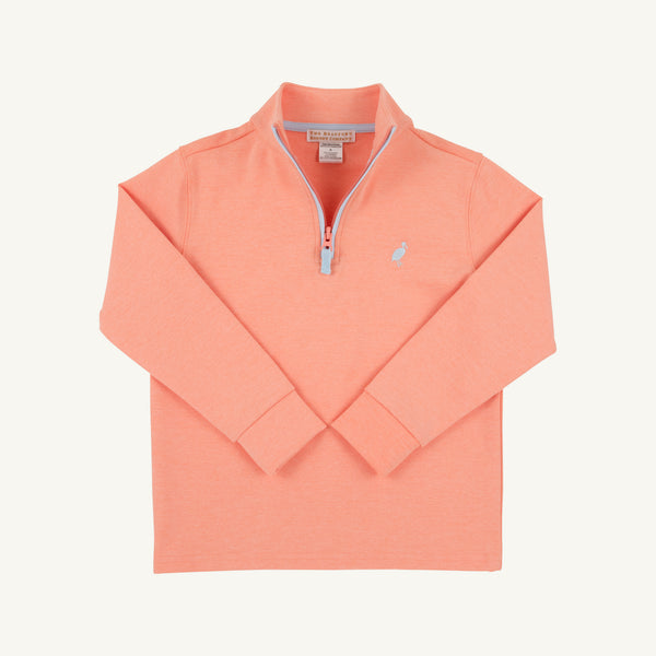 Sure! Here’s the rewritten sentence using your product data: A long-sleeve Prepletic™ Hayword Half Zip boys athletic pullover by The Beaufort Bonnet Company in Seashore Sherbet Heathered with a Buckhead Blue Stork embroidered logo on the left chest, laid flat on a white background—perfect as a fall layer.