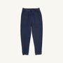 Prepletic™ T. Jones Jogger in Nantucket Navy Heathered with Keeneland Khaki Stork by The Beaufort Bonnet Company, featuring an elastic waistband, drawstring, and pockets, displayed on a plain white background.