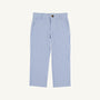 Prep School Pants - Park City Periwinkle Ticking Stripe with Nantucket Navy Stork featuring light blue and white stripes with a single button closure and side pockets.