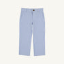 Prep School Pants - Park City Periwinkle Ticking Stripe with Nantucket Navy Stork featuring light blue and white stripes with a single button closure and side pockets.