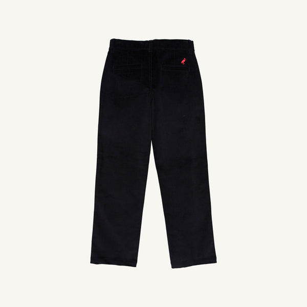 The Beaufort Bonnet Company Prep School Pants in Newport Night Corduroy with a Richmond Red Stork are displayed from the back on a plain white background, highlighting two back pockets and a small red stork embroidered above the right pocket.