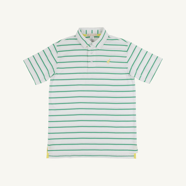 Prim & Proper Polo & Onesie - Gibson Island Green Stripe with Lake Worth Yellow Stork