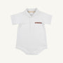 The Beaufort Bonnet Company Auburn Prim & Proper Polo in Worth Avenue White is a soft Pima cotton baby onesie with a collar and short sleeves, featuring an embroidered Auburn logo in orange and navy on the left chest. The front buttons make for easy dressing.