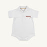 The Beaufort Bonnet Company Auburn Prim & Proper Polo in Worth Avenue White is a soft Pima cotton baby onesie with a collar and short sleeves, featuring an embroidered Auburn logo in orange and navy on the left chest. The front buttons make for easy dressing.