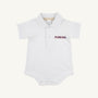 The Florida Prim & Proper Polo – Worth Avenue White by The Beaufort Bonnet Company is a white baby onesie with a collar, short sleeves, and an embroidered blue and orange Florida logo on the left chest. Made from soft Pima Cotton Knit, this onesie features three buttons at the neck and convenient snaps at the bottom.