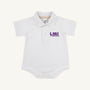 Dress your little one for game day in the LSU Prim & Proper Polo by The Beaufort Bonnet Company. This Worth Avenue White baby onesie features a classic polo collar, short sleeves, and buttons, all crafted from soft Pima cotton. The LSU Tigers logo in purple is displayed on the left chest—perfect for showing team spirit!.
