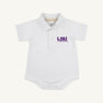 Dress your little one for game day in the LSU Prim & Proper Polo by The Beaufort Bonnet Company. This Worth Avenue White baby onesie features a classic polo collar, short sleeves, and buttons, all crafted from soft Pima cotton. The LSU Tigers logo in purple is displayed on the left chest—perfect for showing team spirit!.