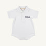 A white baby onesie expertly crafted from soft Pima Cotton Knit, featuring a classic collar, two-button placket, and the Michigan logo embroidered in navy blue on the left chest. Inspired by The Beaufort Bonnet Company’s Michigan Prim & Proper Polo - Worth Avenue White.